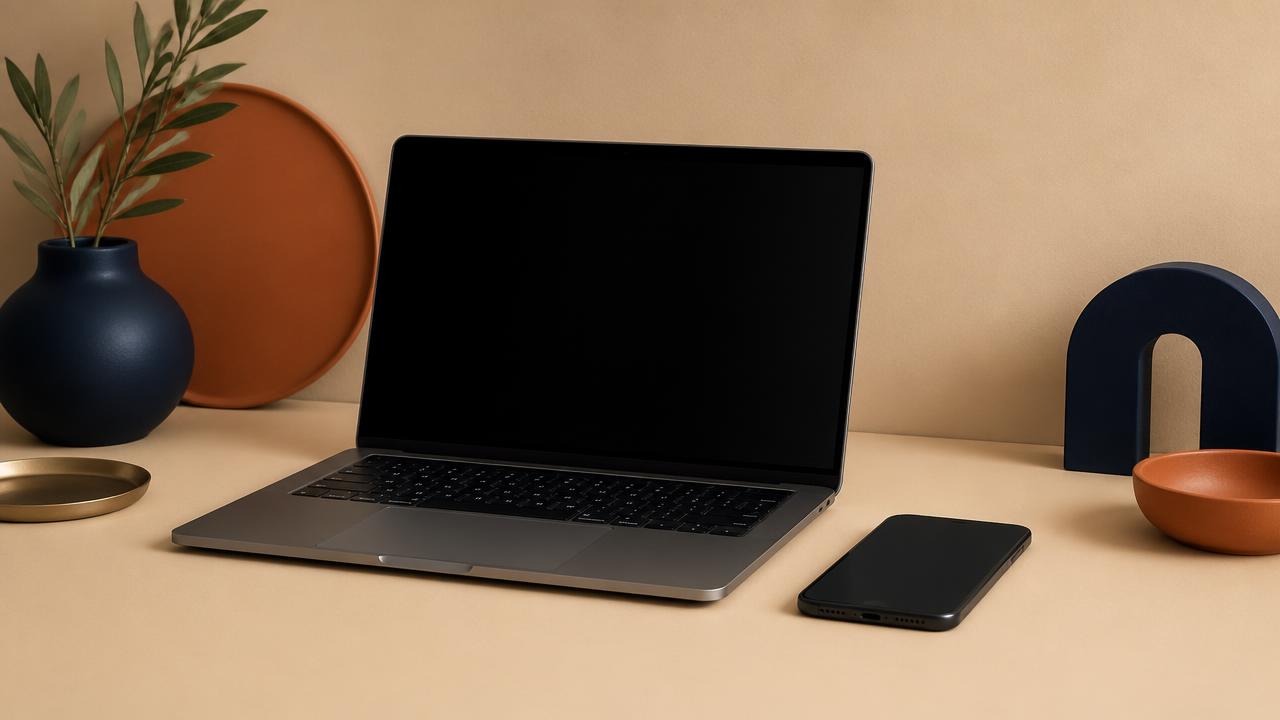 Notebook e celular sobre uma mesa, representando as aulas do curso